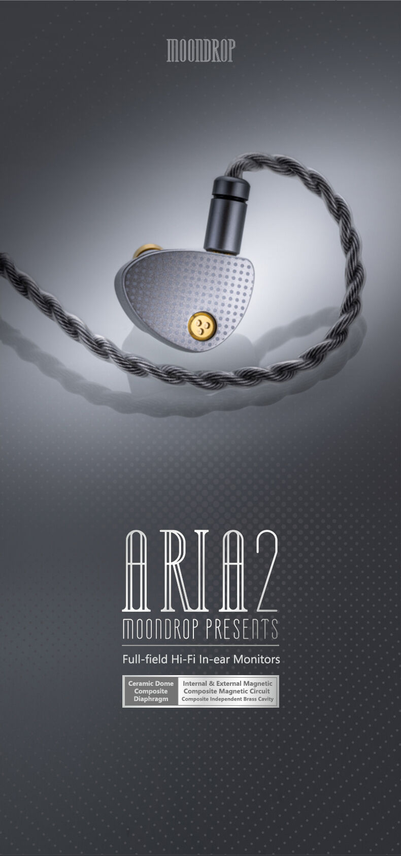 Moondrop Aria 2 single earpiece close-up on white background Moondrop Aria 2 single earpiece close-up on white background