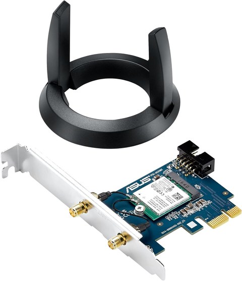 ASUS PCE-AC55BT PCIe wireless adapter card with antenna base and mounting bracket ASUS PCE-AC55BT PCIe wireless adapter card with antenna base and mounting bracket