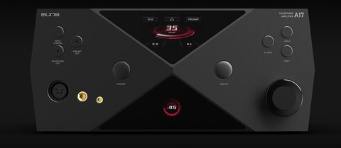 Aune A17 front panel display showing volume gain and input mode Aune A17 front panel display showing volume gain and input mode