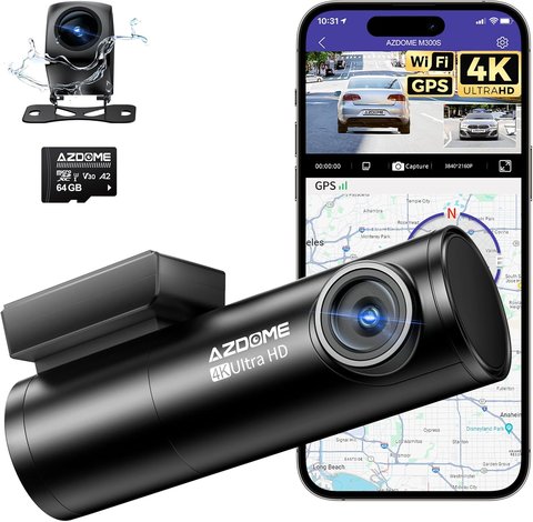 Azdome M300S dual channel dash cam unit shown with front and rear camera modules Azdome M300S dual channel dash cam unit shown with front and rear camera modules