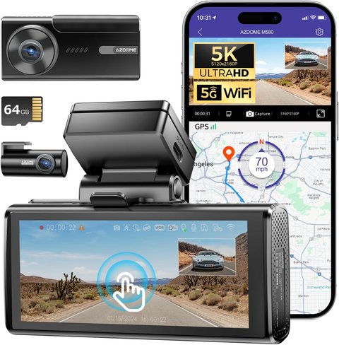 Azdome M580 dash cam unit with 4 inch touchscreen display and dual camera modules