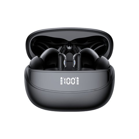 Joyroom true wireless earbuds sitting next to their charging case Joyroom true wireless earbuds sitting next to their charging case