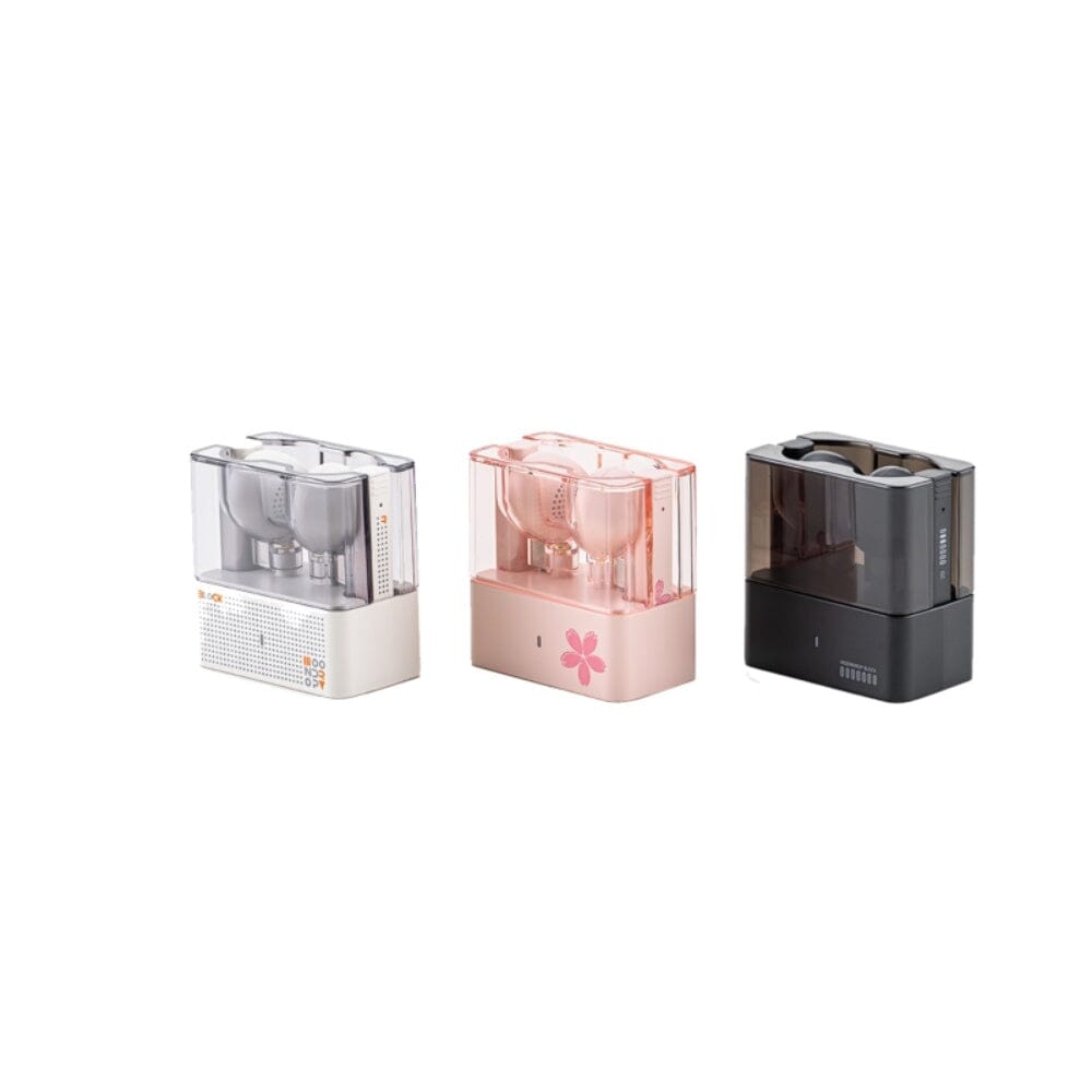 Moondrop Block color variants Moondrop Block earbuds shown in three color variants with charging case