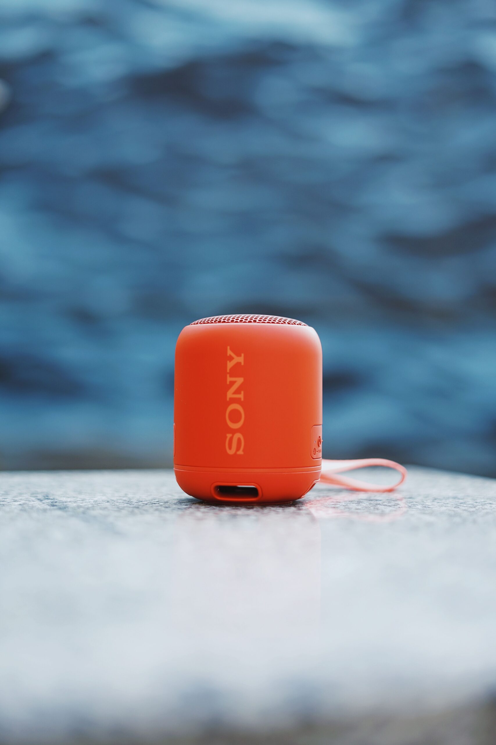 Portable Bluetooth speaker on a table Portable Bluetooth speaker on a table