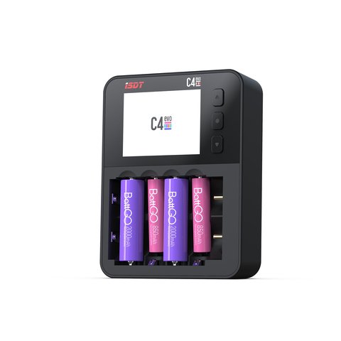 ISDT C4 EVO smart battery charger with AA and 18650 cells loaded ISDT C4 EVO smart battery charger with AA and 18650 cells loaded