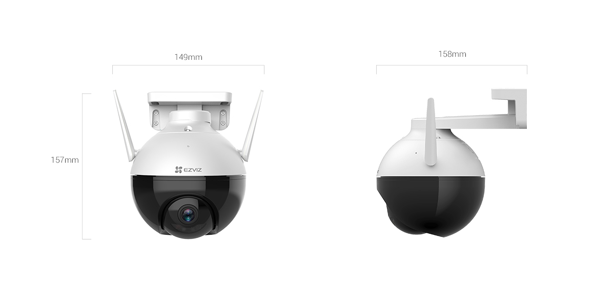 EZVIZ C8c outdoor pan-tilt camera front and side view with antennas EZVIZ C8c outdoor pan-tilt camera front and side view with antennas