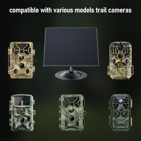 Campark BC179 solar panel shown compatible with various trail camera models Campark BC179 solar panel shown compatible with various trail camera models