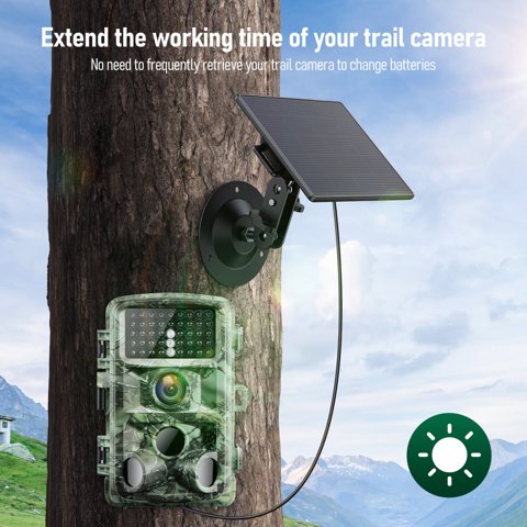 Campark BC179 solar panel and power bank mounted on a tree next to a trail camera Campark BC179 solar panel and power bank mounted on a tree next to a trail camera