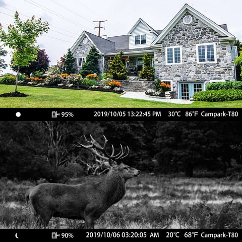 Campark T80 day and night capture comparison with timestamp overlay