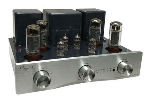 Cayin A-50T MKII tube integrated amplifier three-quarter view showing exposed EL34 and 12AX7 tubes Cayin A-50T MKII tube integrated amplifier three-quarter view showing exposed EL34 and 12AX7 tubes