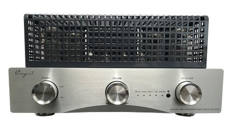 Cayin A-50T MKII front panel with tube cage installed and power, volume, and selector knobs Cayin A-50T MKII front panel with tube cage installed and power, volume, and selector knobs
