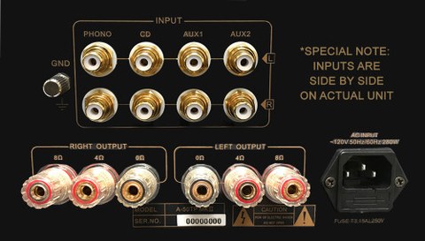 Cayin A-50T MKII rear panel close-up showing binding post terminals and AC input Cayin A-50T MKII rear panel close-up showing binding post terminals and AC input