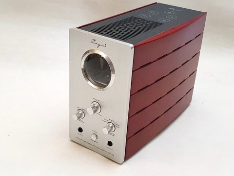Angled view of the Cayin HA-1A MK2 desktop tube amplifier showing control knobs