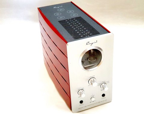 Cayin HA-1A MK2 tube headphone amplifier front panel with visible vacuum tube