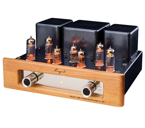 Cayin MT-12N tube integrated amplifier angled view showing wood chassis and tubes Cayin MT-12N tube integrated amplifier angled view showing wood chassis and tubes