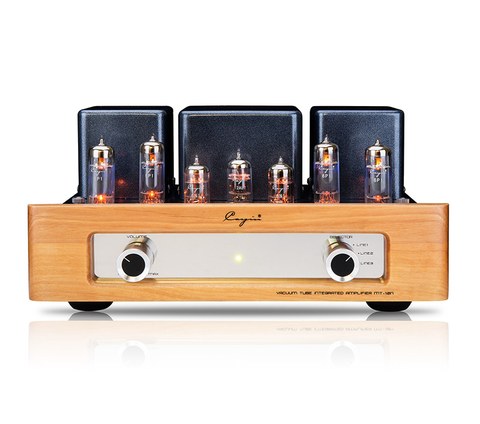 Cayin MT-12N vacuum tube integrated amplifier front view with glowing tubes Cayin MT-12N vacuum tube integrated amplifier front view with glowing tubes