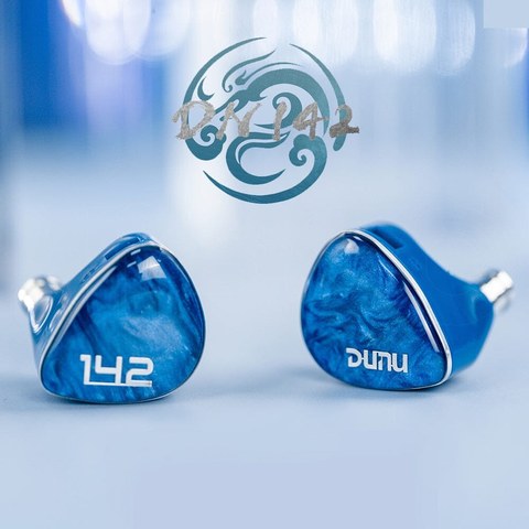 DUNU DN142 tribrid in-ear monitors with blue swirled faceplate
