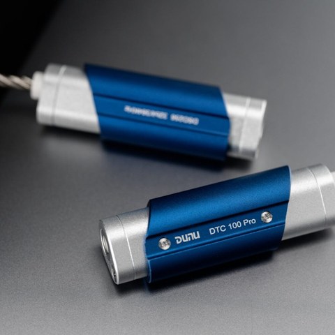 DUNU DTC100 Pro portable dongle DAC closeup showing blue aluminum shell