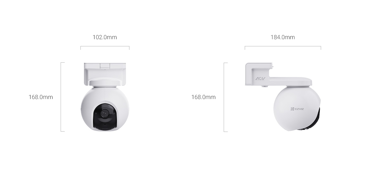 EZVIZ EB8 Pro 4G camera front and side view with dimensions EZVIZ EB8 Pro 4G camera front and side view with dimensions