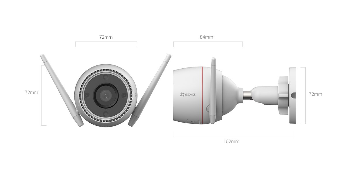 EZVIZ H3c 2K camera front and side view with dimensions EZVIZ H3c 2K camera front and side view with dimensions