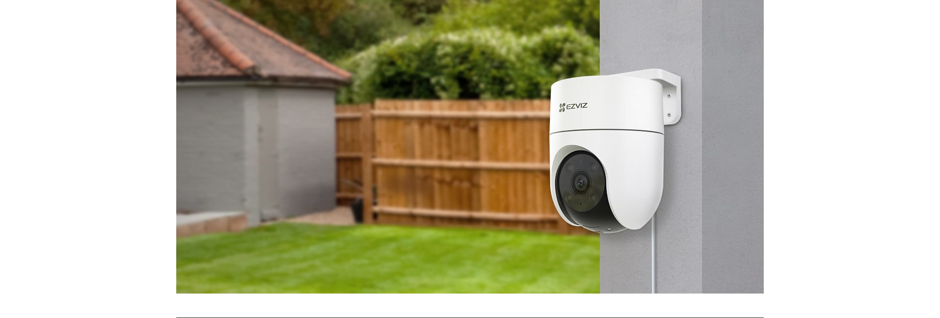 EZVIZ H8c outdoor pan-tilt camera mounted on an exterior wall EZVIZ H8c outdoor pan-tilt camera mounted on an exterior wall