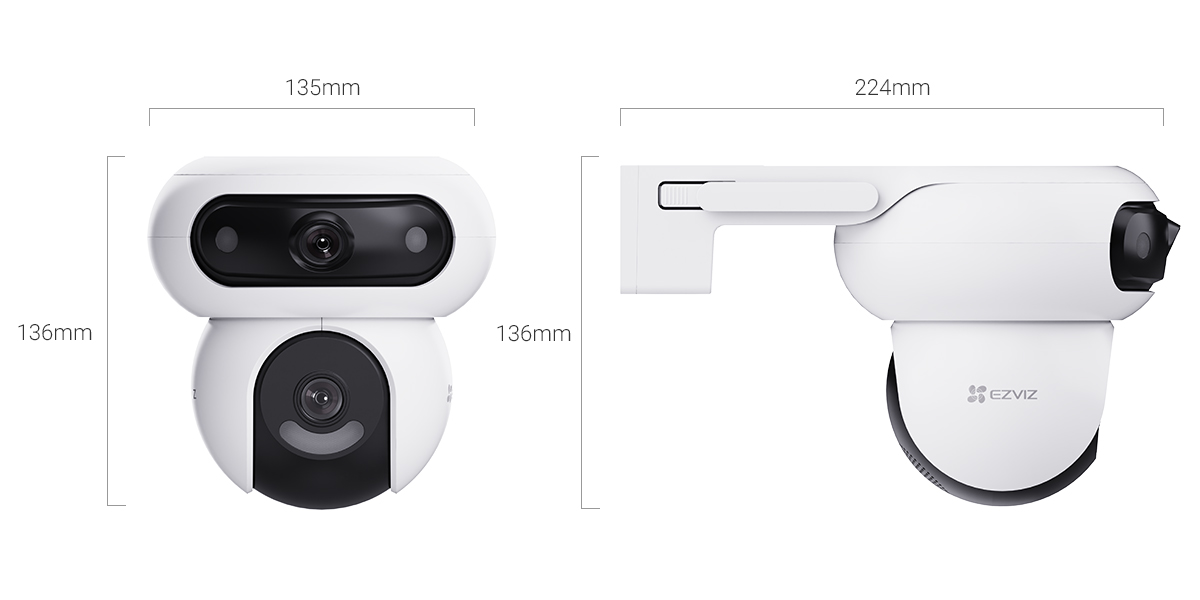 EZVIZ H90 dual-lens outdoor camera front and side view showing both lenses