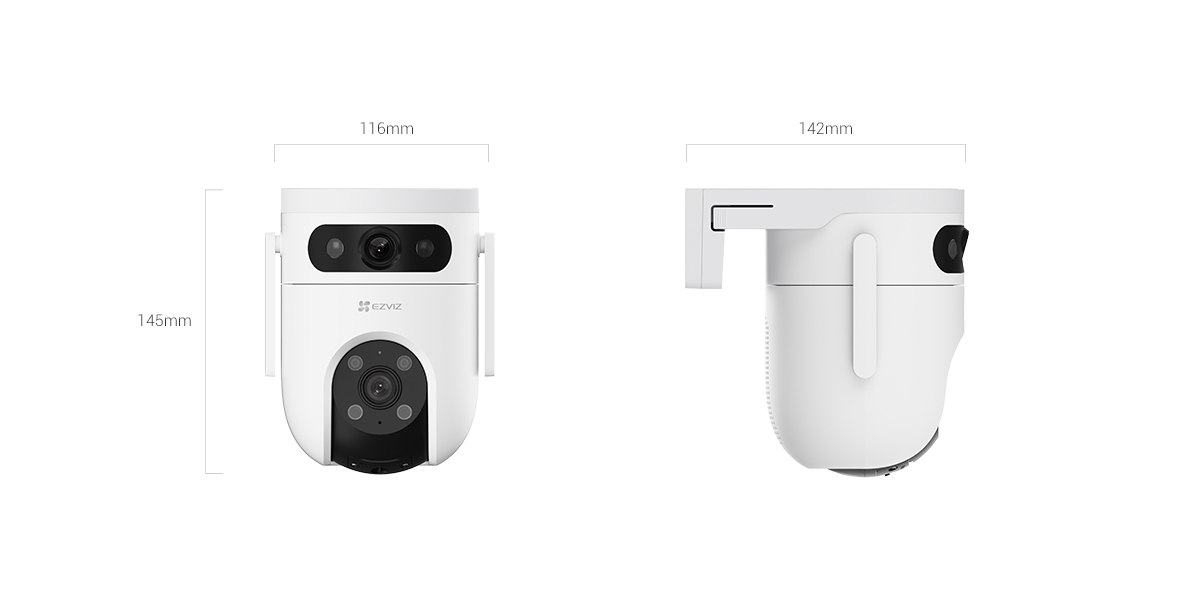 EZVIZ H9c dual-lens outdoor camera front and side view with antennas