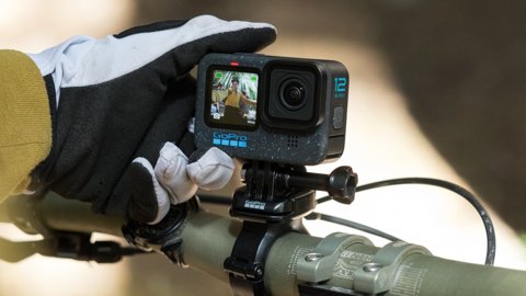 GoPro Hero 12 Black action camera mounted on a bike handlebar
