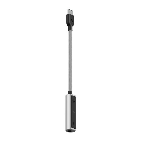 HiBy Digital D1 dongle DAC angled view showing volume buttons and USB-C plug HiBy Digital D1 dongle DAC angled view showing volume buttons and USB-C plug