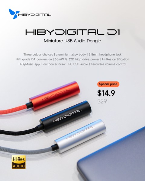 HiBy Digital D1 USB-C dongle DAC shown in three aluminium colour options HiBy Digital D1 USB-C dongle DAC shown in three aluminium colour options