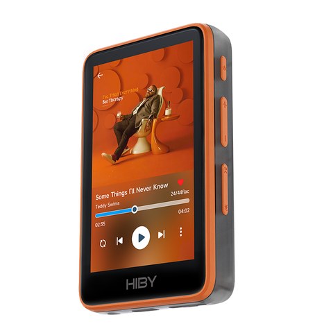HiBy R1 side profile showing physical playback and volume buttons HiBy R1 side profile showing physical playback and volume buttons