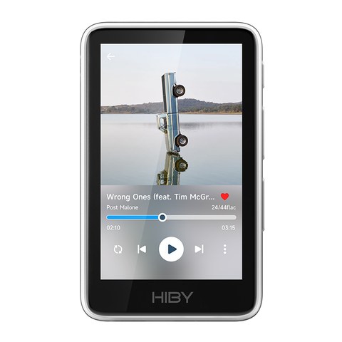 HiBy R1 in a translucent white finish running the stock playback screen HiBy R1 in a translucent white finish running the stock playback screen