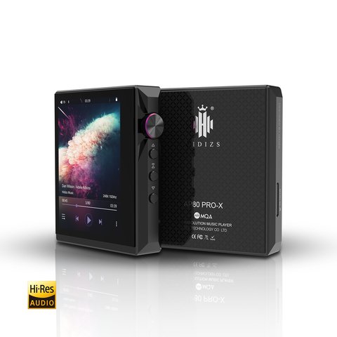 Hidizs AP80 Pro-X digital audio player front and back panels showing display and branding Hidizs AP80 Pro-X digital audio player front and back panels showing display and branding