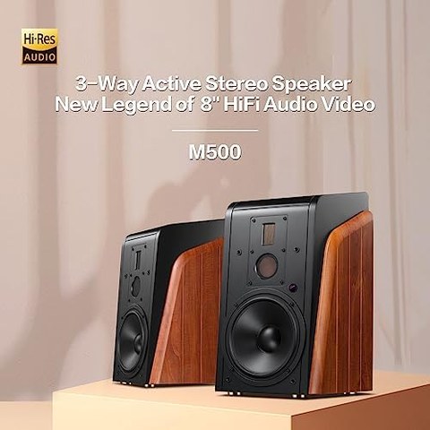 HiVi-Swans M500 marketing image showing 3-way active stereo speaker pair HiVi-Swans M500 marketing image showing 3-way active stereo speaker pair