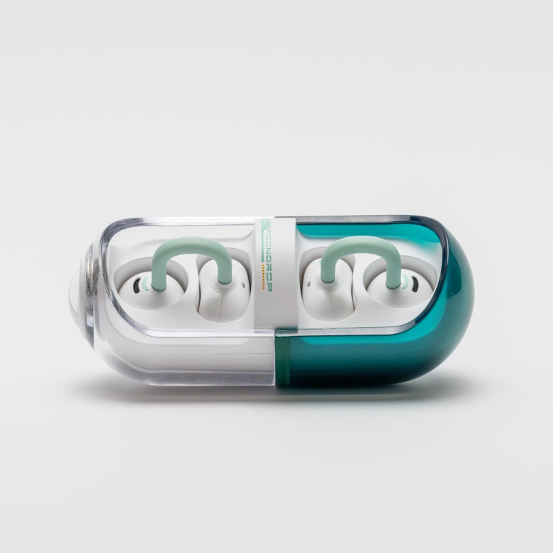 Moondrop Pill earbuds in teal and white colorway with clip design visible Moondrop Pill earbuds in teal and white colorway with clip design visible