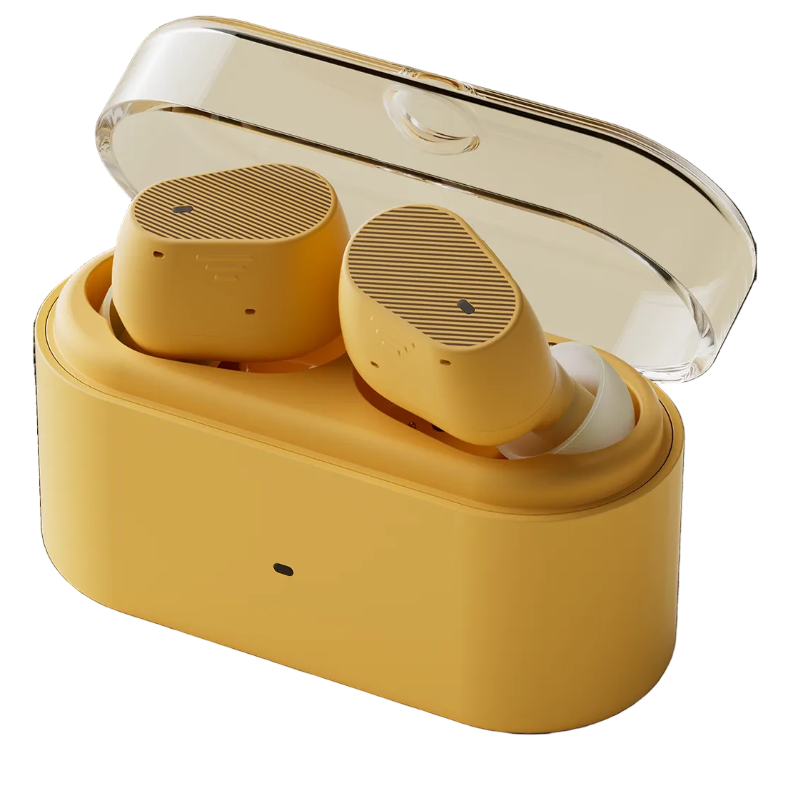 Moondrop Pudding earbuds in yellow charging case with lid open