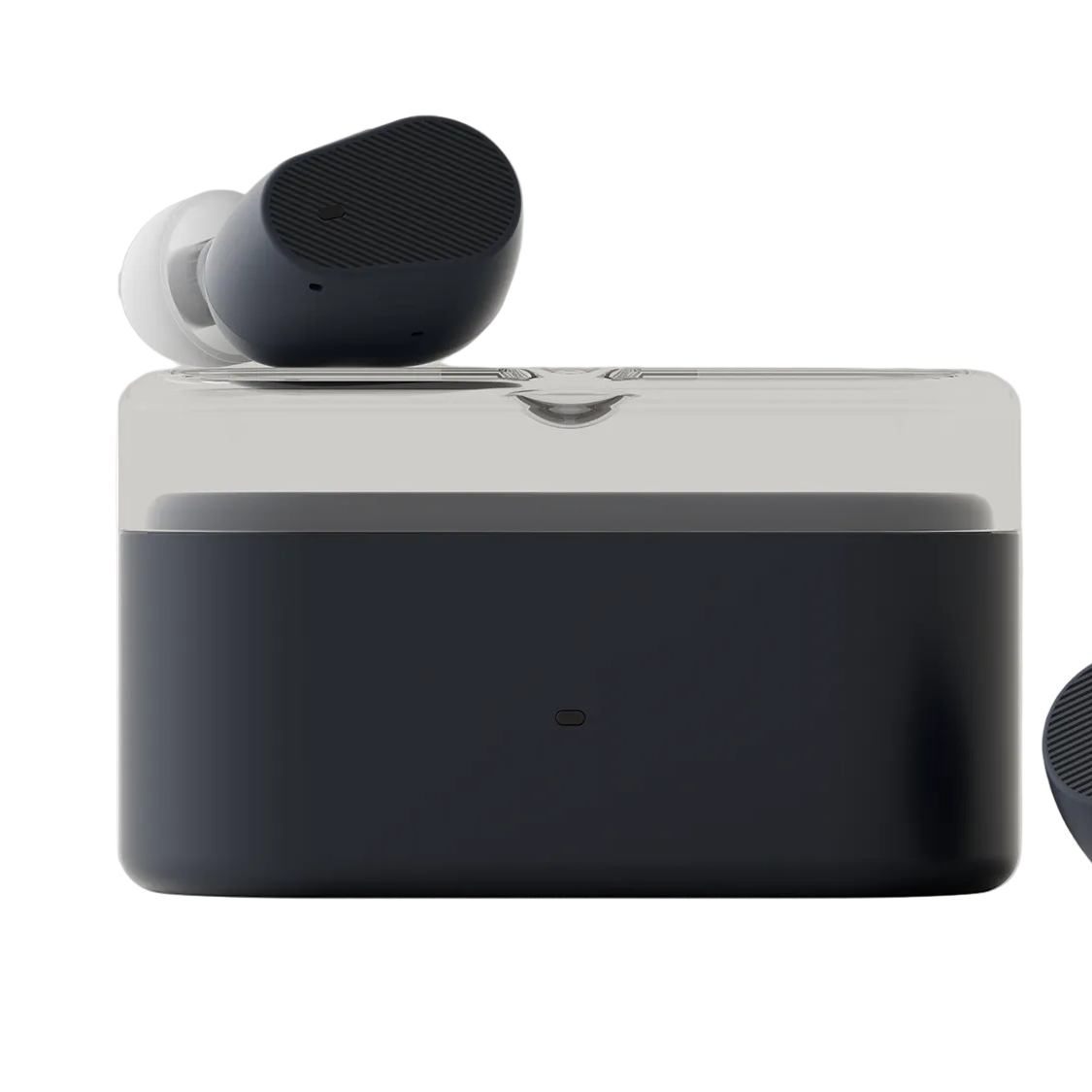 Moondrop Pudding earbud resting on top of dark blue charging case