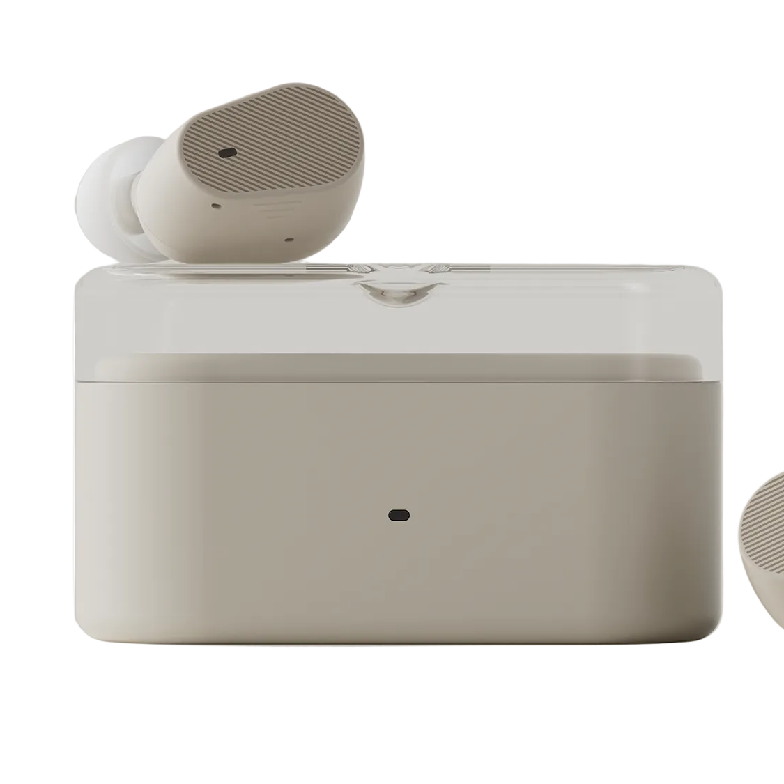Moondrop Pudding earbud in beige case showing charging port area