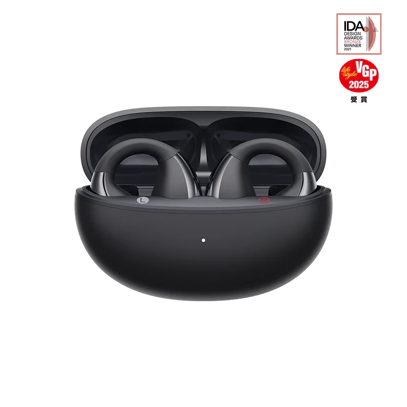 QCY Crossky C30 in black colorway with charging case open QCY Crossky C30 in black colorway with charging case open