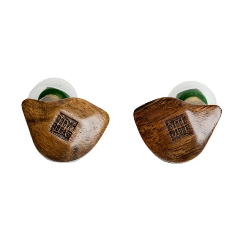 Tangzu Fudu Verse 2 earpieces close up showing wood grain faceplate design Tangzu Fudu Verse 2 earpieces close up showing wood grain faceplate design