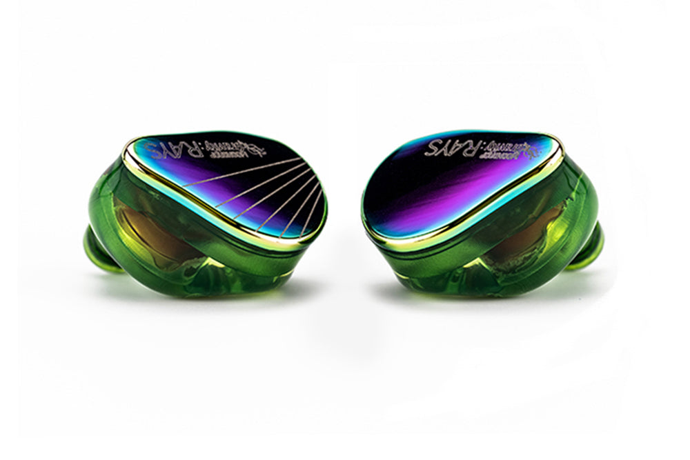 Moondrop Rays earpieces facing each other showing faceplate design Moondrop Rays earpieces facing each other showing faceplate design