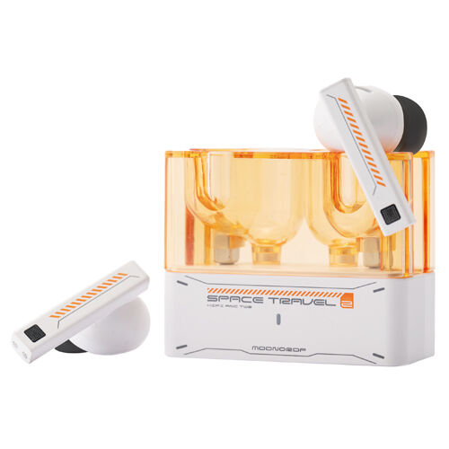 Moondrop Space Travel 2 earbuds with translucent orange charging case Moondrop Space Travel 2 earbuds with translucent orange charging case