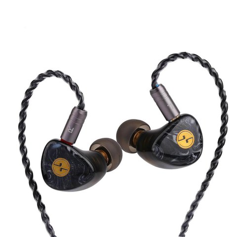 Tin HiFi T3 Plus pair showing marble resin faceplate and gold logo Tin HiFi T3 Plus pair showing marble resin faceplate and gold logo