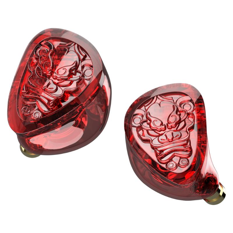 Red translucent in-ear monitor shells with embossed pattern design