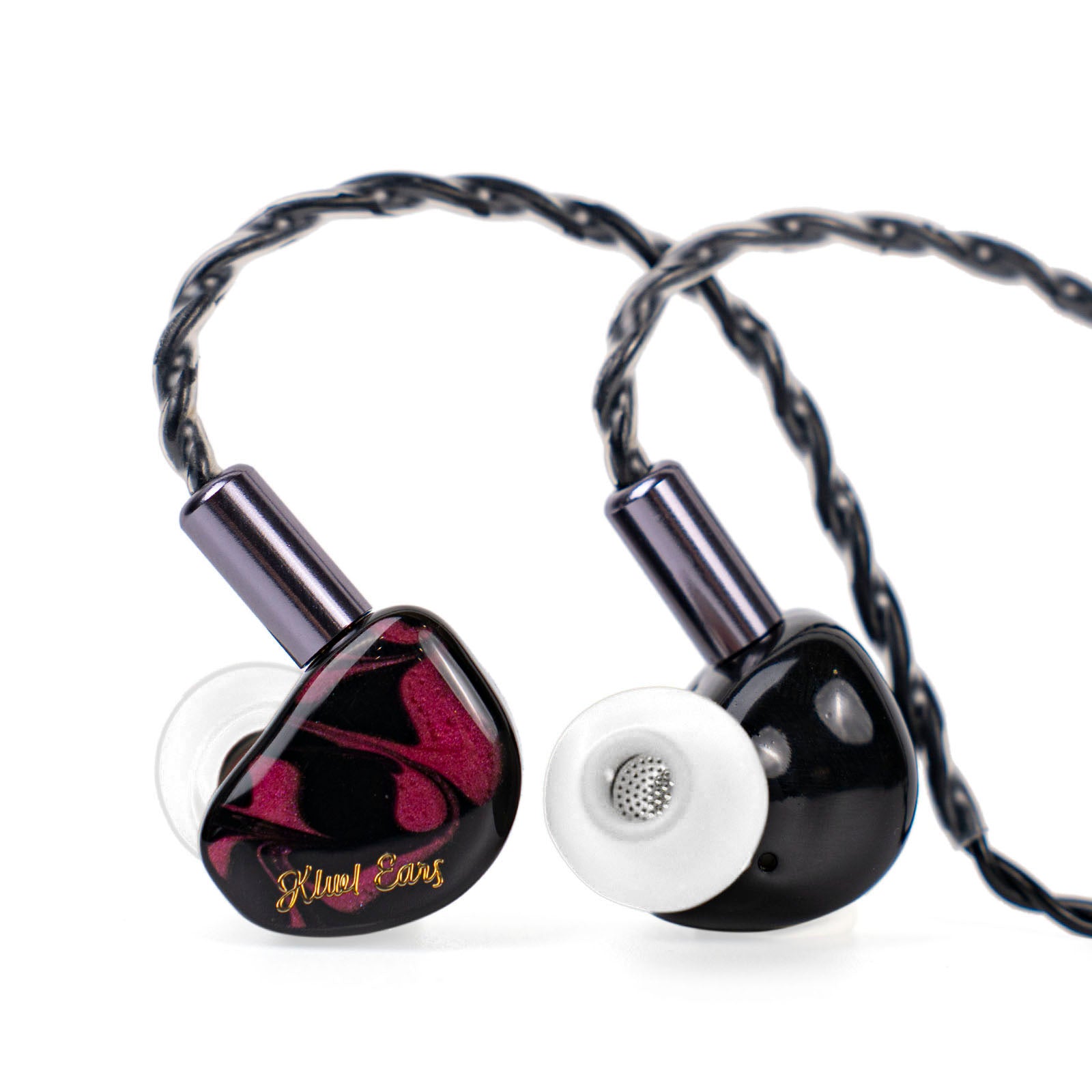 Red and black in-ear monitor shells with braided detachable cables Red and black in-ear monitor shells with braided detachable cables