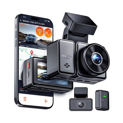 Vantrue E2 dual channel dash cam unit with front and rear camera modules