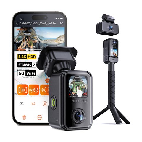 Vantrue E360 dual lens 360 degree dash camera unit with mounting hardware