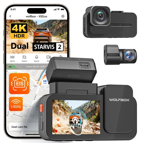 WOLFBOX X5 compact 3-channel dash cam with front, rear, and interior cameras WOLFBOX X5 compact 3-channel dash cam with front, rear, and interior cameras
