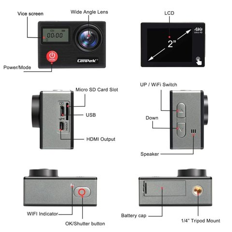Campark X20C button and port layout diagram Campark X20C button and port layout diagram