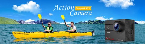 Campark X25 action camera with kayakers in background Campark X25 action camera with kayakers in background